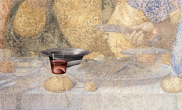 Reconstruction of a glass of red wine, and a finger bowl.